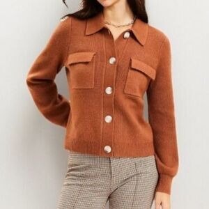 LOFT Warm Brown Button Up  Sweater Jacket With Collar. Size L Cardigan